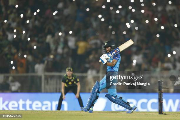 Harmanpreet Kaur of India plays a shot during the T20 International series between India and Australia at Brabourne Stadium on December 17, 2022 in...