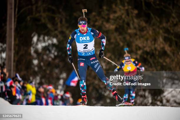 Sturla Holm Laegreid of Norway in action competes during the Men 12.5 km Pursuit at the BMW IBU World Cup Biathlon Annecy-Le Grand Bornand on...