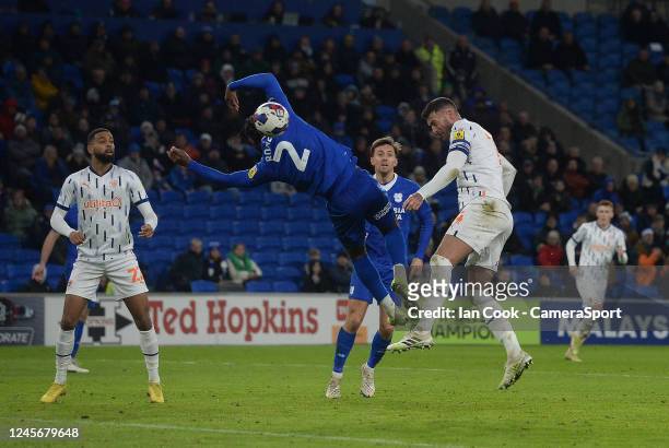 Blackpool's Gary Madine scores his side's first goal during the Sky Bet Championship between Cardiff City and Blackpool at Cardiff City Stadium on...