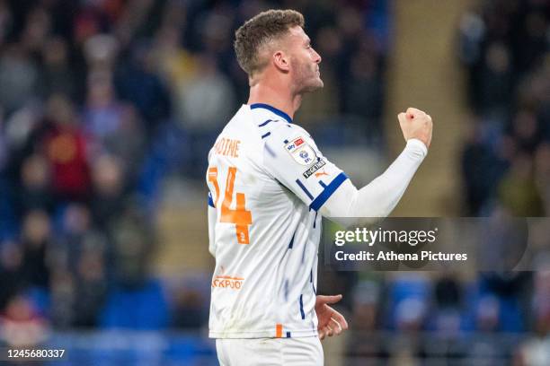 Gary Madine of Blackpool celebrates scoring during the Sky Bet Championship match between Cardiff City and Blackpool at the Cardiff City Stadium on...