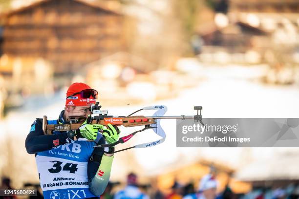 Johannes Kuehn of Germany at the shooting range during the Men 12.5 km Pursuit at the BMW IBU World Cup Biathlon Annecy-Le Grand Bornand on December...