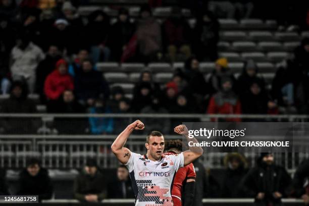 Saracens English back row Ben Earl celebrates during the European Rugby Champions Cup pool A rugby union match between Lyon and Saracens Rugby Club...