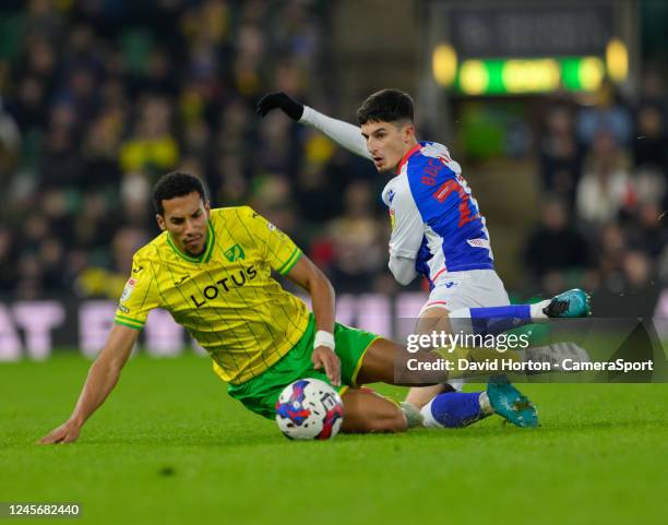 Blackburn Rovers' John Buckley battles with Norwich City's Isaac Hayden during the Sky Bet Championship between Norwich City and Blackburn Rovers at...