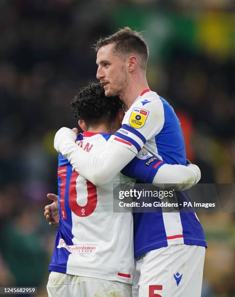 Blackburn Rovers' Tyrhys Dolan and Dominic Hyam celebrates after the Sky Bet Championship match at Carrow Road, Norwich. Picture date: Saturday...