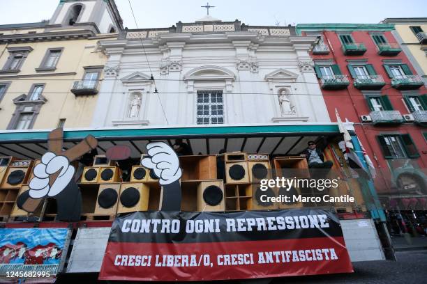 Truck full of loudspeakers and with a banner, during the national demonstration "Street Parade", in Naples, against the repressive law decree on Rave...