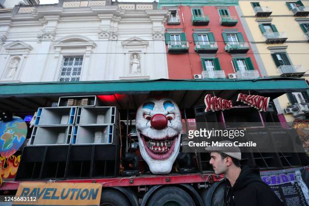 Truck full of loudspeakers and with a giant Joker mask, during the national demonstration "Street Parade", in Naples, against the repressive law...
