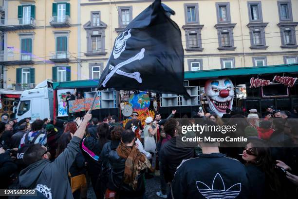 People dance and sing, during the national demonstration "Street Parade", in Naples, against the repressive law decree on Rave Parties, of the...