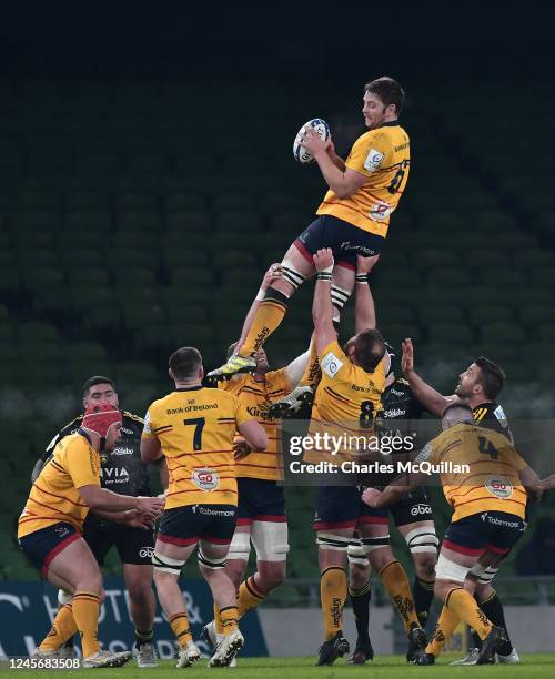 Iain Henderson of Ulster catches a ball during the Champions Cup match versus La Rochelle at Aviva Stadium on December 17, 2022 in Dublin, Ireland.