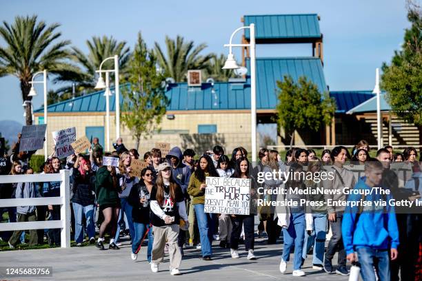 Temecula, CA Great Oak High School students leave campus on Friday, Dec. 16 in protest of the districts ban of critical race theory curriculum at...
