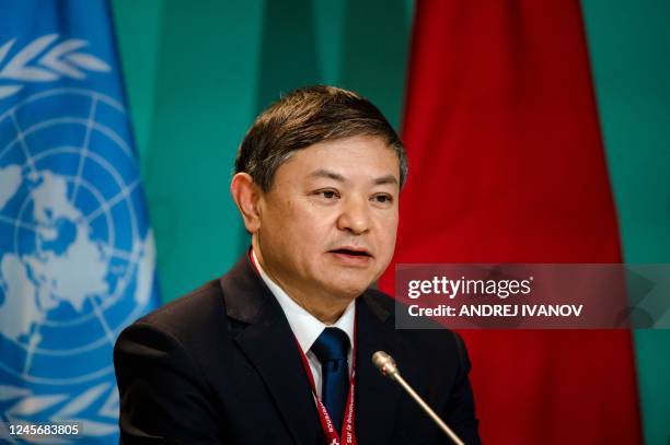 Chinese Ecology and Environment Minister, Huang Runqiu, speaks at a joint press conference between Canada and China at the United Nations...