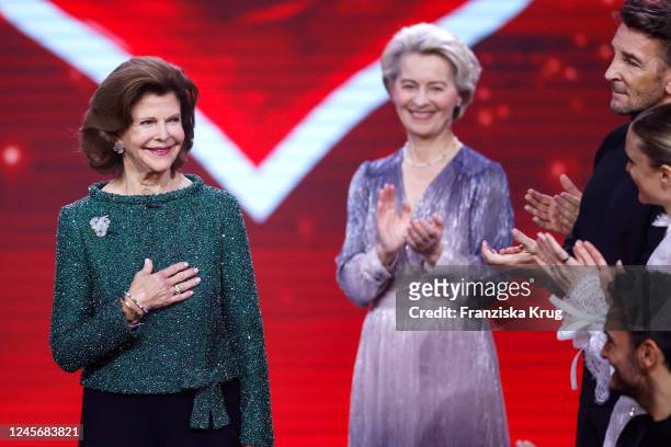 Queen Silvia of Sweden attends the "Ein Herz fuer Kinder" Gala at Studio Berlin Adlershof on December 17, 2022 in Berlin, Germany.