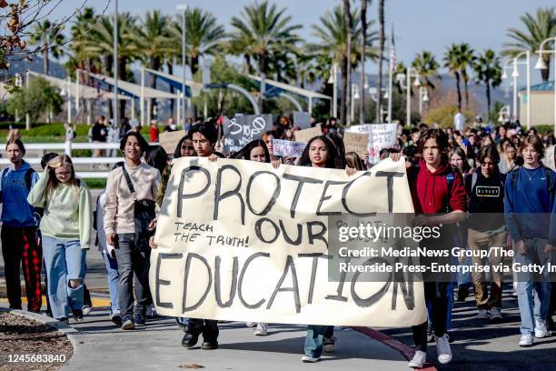 Temecula, CA - California Great Oak High School students leave campus on Friday, Dec. 16 in protest of the districts ban of critical race theory...