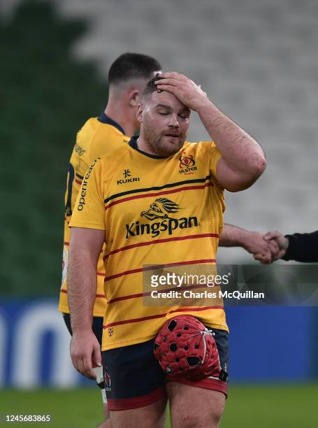 Tom Stewart of Ulster reacts at the final whistle after the Champions Cup match versus La Rochelle at Aviva Stadium on December 17, 2022 in Dublin,...