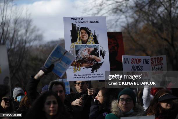 People protest against executions and detentions in Iran, in front of the Iranian Permanent Mission to the UN in New York City on December 17, 2022.