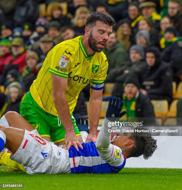 Blackburn Rovers' Tyrhys Dolan is tackled and is fouled by Norwich City's Grant Hanley during the Sky Bet Championship between Norwich City and...