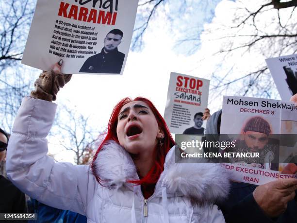 People protest against executions and detentions in Iran, in front of the Iranian Permanent Mission to the UN in New York City on December 17, 2022.