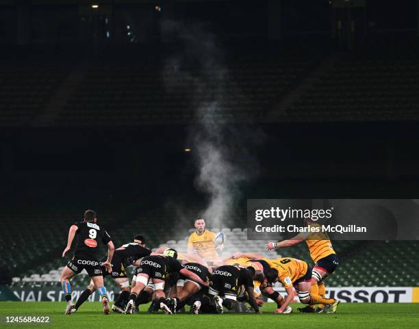 General view of play as a scrum takes place during the Ulster versus La Rochelle Champions Cup game at Aviva Stadium on December 17, 2022 in Dublin,...