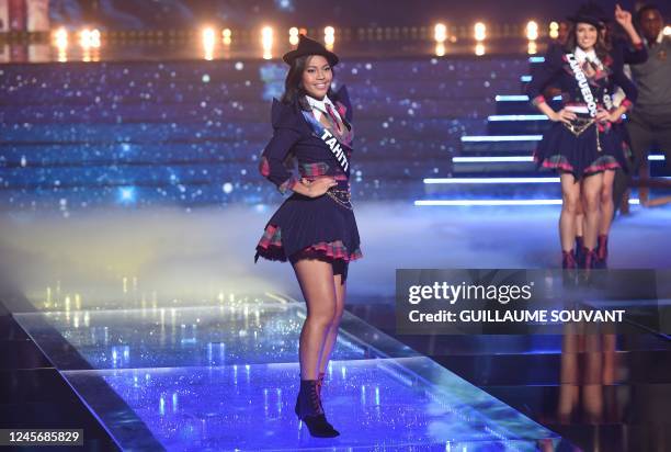 Miss Tahiti Herenui Tuheiava performs on stage during the Miss France 2023 beauty contest in Deols, central France, on December 17, 2022.