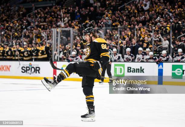 David Pastrnak of the Boston Bruins celebrates his first period goal against the Columbus Blue Jackets at TD Garden on December 17, 2022 in Boston,...