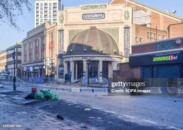 Police cordon seen outside the O2 Academy Brixton on the morning after the show. A woman has died and two other people are in hospital in critical...