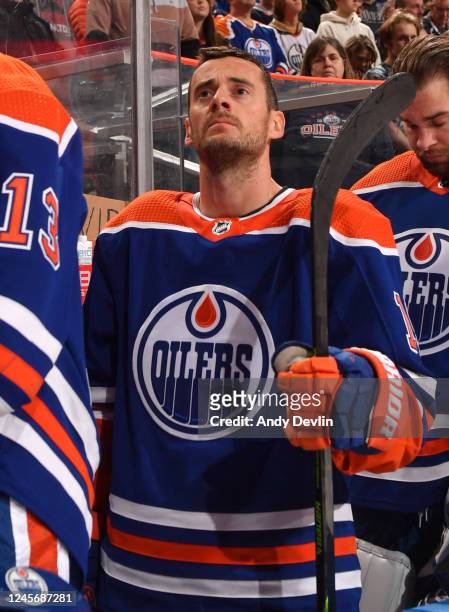 Derek Ryan of the Edmonton Oilers stands for the playing of the national anthem before the game against the Anaheim Ducks on December 17, 2022 at...