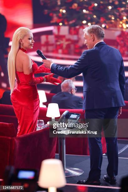 Katja Krasavice and Johannes B. Kerner during the "Ein Herz fuer Kinder" Gala at Studio Berlin Adlershof on December 17, 2022 in Berlin, Germany.