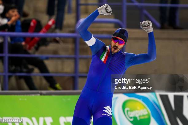 Davide Ghiotto of Italy reacts after competing on the Men's A Group 10000m during the ISU Speed Skating World Cup 4 on December 17, 2022 in Calgary,...