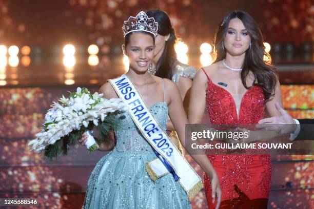 Newly elected Miss France Indira Ampiot reacts during the Miss France 2023 beauty contest in Deols, central France, on December 17, 2022.