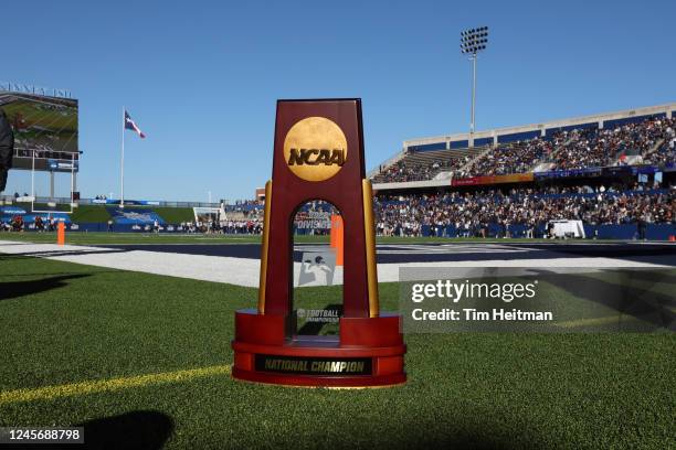 General view of the championship trophy on the sidelines during the Division II Football Championship held at McKinney ISD Stadium on December 17,...