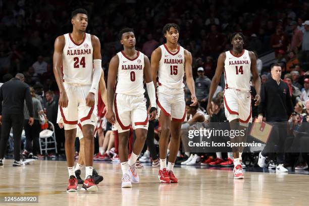 Alabama Crimson Tide forward Brandon Miller , Alabama Crimson Tide guard Jaden Bradley , Alabama Crimson Tide forward Noah Clowney and Alabama...