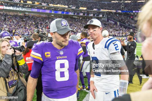 Minnesota Vikings quarterback Kirk Cousins and Indianapolis Colts quarterback Matt Ryan congratulate each other after the NFL game between the...