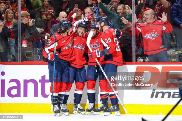 Erik Gustafsson of the Washington Capitals celebrates a goal against the Toronto Maple Leafs at Capital One Arena on December 17, 2022 in Washington,...