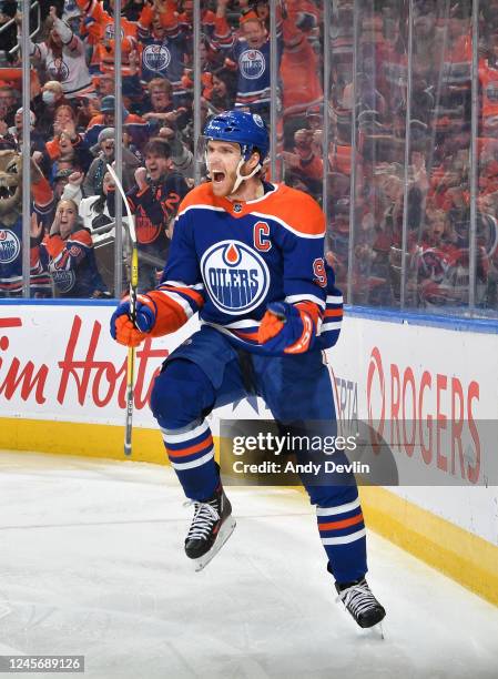 Connor McDavid of the Edmonton Oilers celebrates his third period goal against the Anaheim Ducks during the game on December 17, 2022 at Rogers Place...