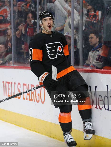 Morgan Frost of the Philadelphia Flyers reacts after scoring a third period goal against the New York Rangers at the Wells Fargo Center on December...