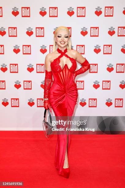 Katja Krasavice arrives for the "Ein Herz fuer Kinder" Gala at Studio Berlin Adlershof on December 17, 2022 in Berlin, Germany.