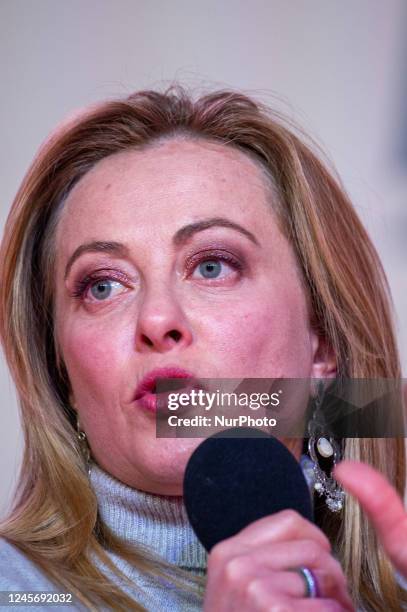 The Italian Prime Minister Giorgia Meloni in Rome on 17 December in Piazza del Popolo during a speech for the 10th anniversary of Fratelli d'Italia