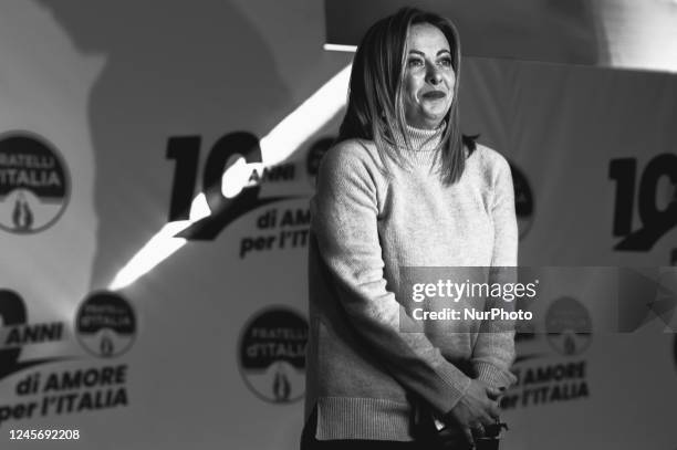 The Italian Prime Minister Giorgia Meloni in Rome on 17 December 2022 at the closing of the party for Fratelli d'Italia's tenth anniversary.