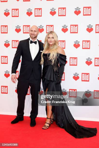 Raphael Birchner and Sophia Thiel arrive for the "Ein Herz fuer Kinder" Gala at Studio Berlin Adlershof on December 17, 2022 in Berlin, Germany.