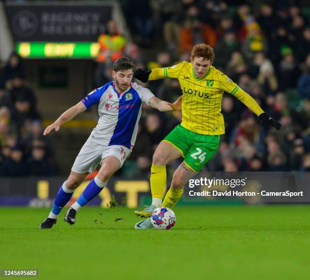 Norwich City's Josh Sargent under pressure from Blackburn Rovers' Joseph Rankin-Costello during the Sky Bet Championship between Norwich City and...