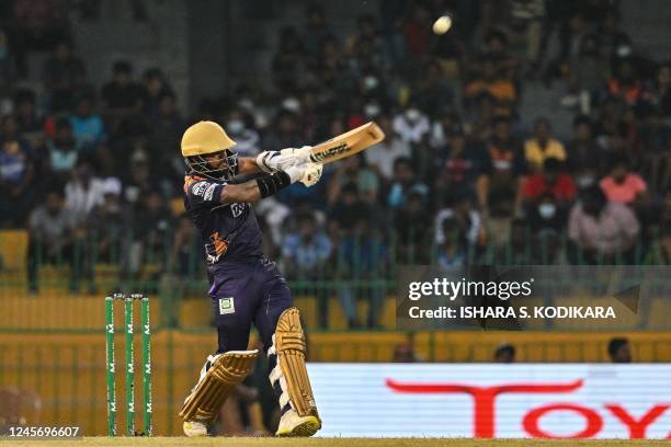 Galle Gladiators Kusal Mendis plays a shot during the Lanka Premier League cricket match between the Jaffna Kings and Galle Gladiators at the...