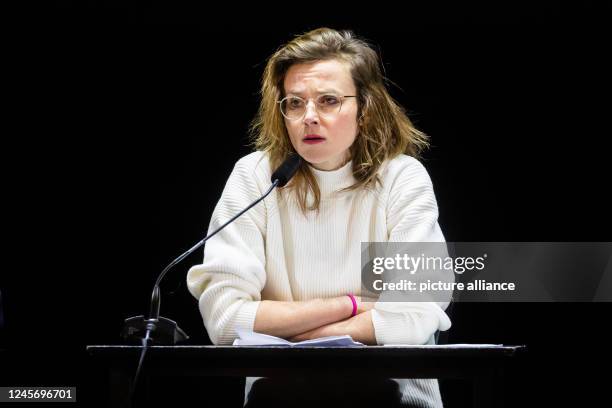 December 2022, Berlin: Karin Hanczewski, actress, speaks at a staged reading to benefit the civilian sea rescue organization SOS Humanity entitled...