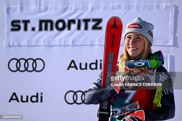 Mikaela Shiffrin smiles on the podium after winning the second Super-G of the FIS alpine skiing Women's World Cup event in Saint Moritz, Swiss Alps,...