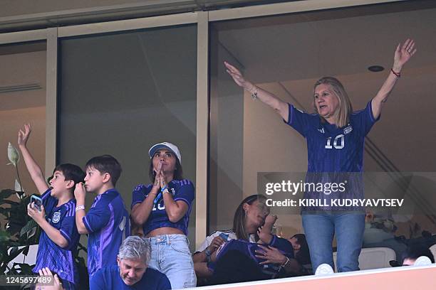 Argentina's forward Lionel Messi's wife Antonela Roccuzzo , children, mother Celia Maria Cuccittini and father Jorge Messi wait on the stands for the...