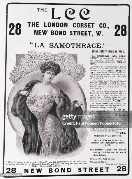 Vintage illustration advertising the La Samothrace corset available from The London Corset Company of New Bond Street in London and featuring a young...