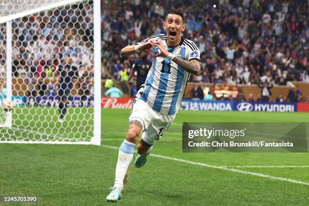 Angel Di Maria of Argentina celebrates scoring a goal to make it 2-0 during the FIFA World Cup Qatar 2022 Final match between Argentina and France at...