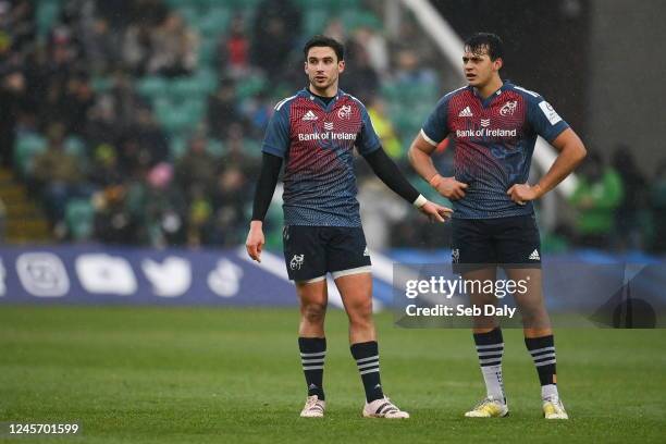 Northamptonshire , United Kingdom - 18 December 2022; Joey Carbery, left, and Antoine Frisch of Munster during the Heineken Champions Cup Pool B...