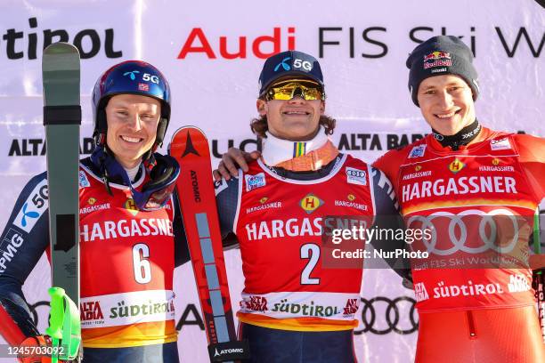 Lucas BRAATHEN first, Henrik KRISTOFFERSEN second and Marco ODERMATT third during the alpine ski race FIS Alpine Ski World Cup - Men Giant Slalom on...