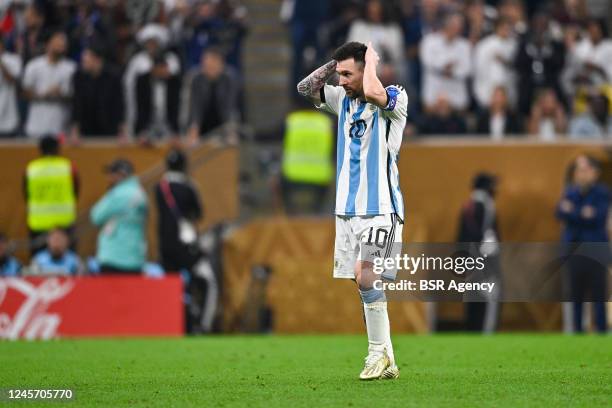 Lionel Messi of Argentina looks dejected after conceding the team's third goal during the Final - FIFA World Cup Qatar 2022 match between Argentina...