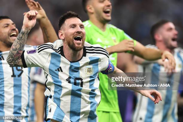 Lionel Messi of Argentina celebrates at full time after winning the FIFA World Cup Qatar 2022 during the FIFA World Cup Qatar 2022 Final match...
