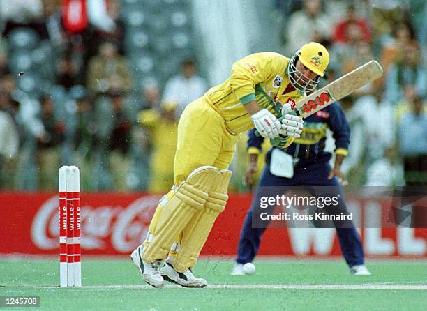 Australia captain Mark Taylor plays a shot during the Cricket World Cup Final between Australia and Sri Lanka played at the Gaddafi stadium in...